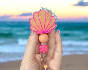 Beach Sunset Holographic Badge Reel | Mermaid Scales Badge Reel | Mermaid Shell Badge Reel | Beaded Badge Reel | Summer Badge Reel