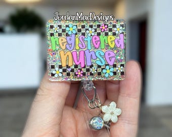 Registered Nurse Badge Reel | RN Badge Reel | Daisy RN Badge Reel | Glitter Badge Reel | Nurse Badge Reel | Checkered Flower Badge