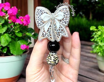 Ivory Cheetah Bow Badge Reel | Beaded Badge Reel | HIGH QUALITY | Nursing Badge Reel | Leopard Badge Reel Leopard Bow Badge Reel