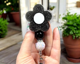 Black And White Flower Badge Reel | Beaded Badge Reel | Glitter Daisy Badge | Nurse Badge Reel | Flower Badge Reel | Cute Flower Accessory