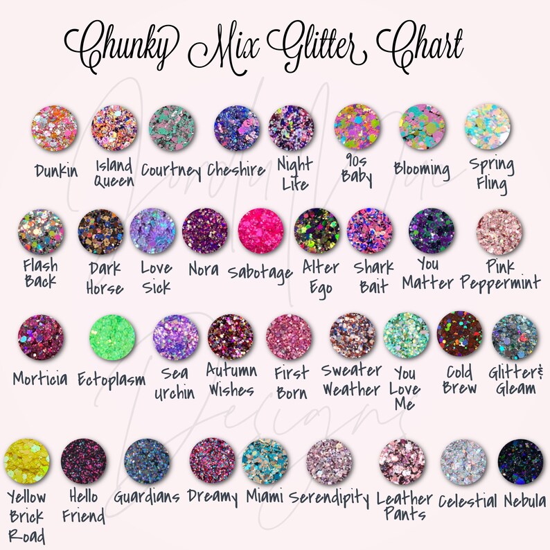 Puede incluir: Tabla de mezclas de purpurina gruesa con nombres como "Dunkin", "Island Queen", "Flash Back", "Morticia", "Yellow Brick Road", y m&aacute;s. Cada mezcla de purpurina es de un color y un patr&oacute;n diferente.