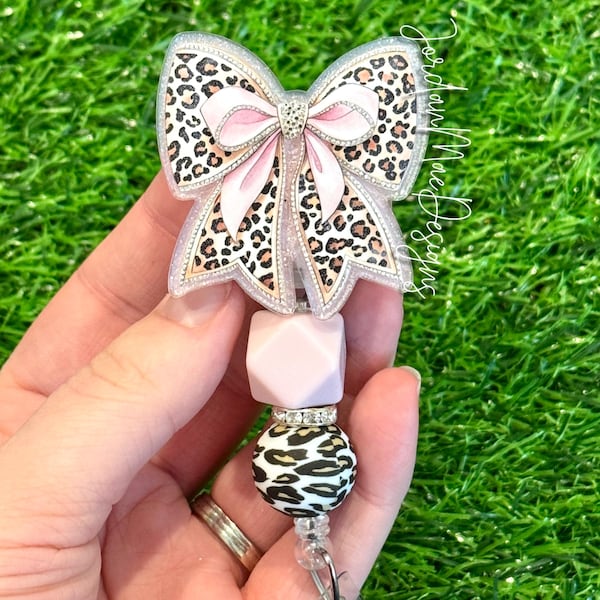 Pink Cheetah Bow Badge Reel | Beaded Badge Reel | HIGH QUALITY | Nursing Badge Reel | Leopard Badge Reel Leopard Bow Badge Reel