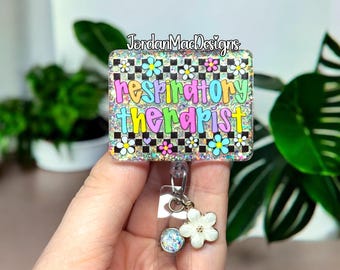 Respiratory Therapist Badge Reel | RT Badge Reel | Daisy RT Badge Reel | Glitter Badge Reel | Nurse Badge Reel | Checkered Flower Badge