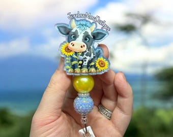 Sunflower Cow Badge Reel | Cow Beaded Badge Reel | Nursing Badge Reel | Glitter Badge Reel | Spring Badge Reel