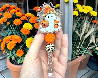 Halloween Leopard Ghost Badge Reel | Fall Beaded Badge Reel | Spooky Badge Reel | Cute Coffee Ghost Badge Reel | Leopard Pumpkin Badge Reel