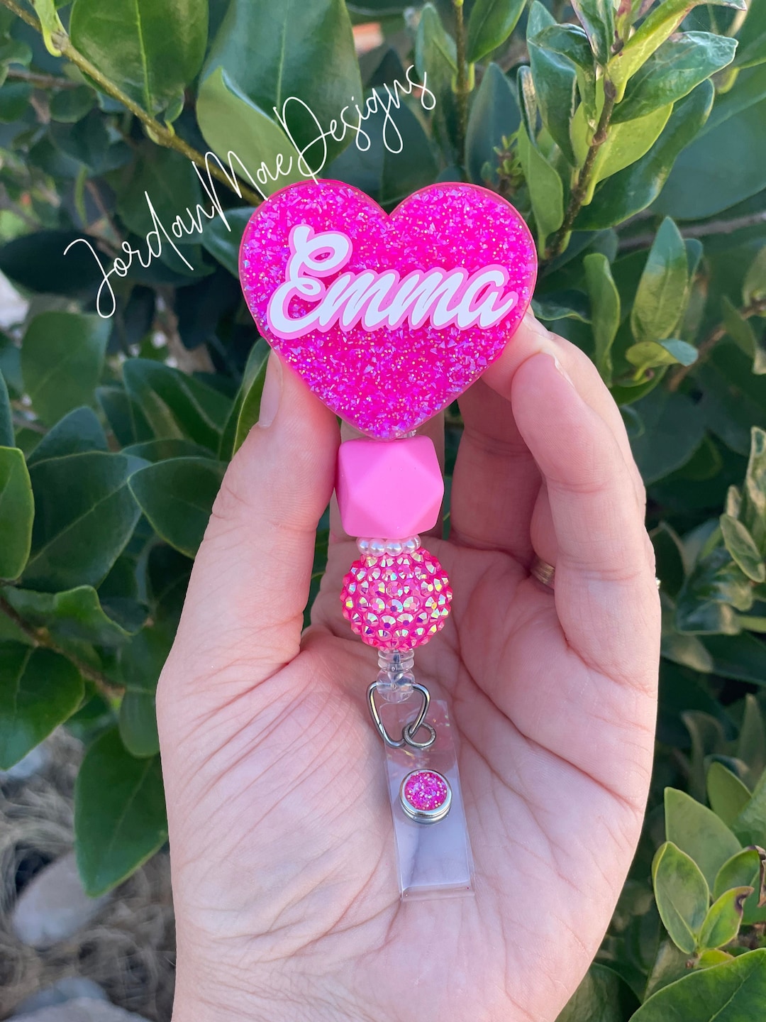 Hot Pink Heart Badge Reel Beaded Glitter Badge Reel Personalized Badge