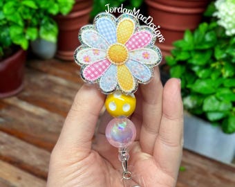 Patchwork Daisy Flower Badge Reel | Spring Badge Reel | Beaded Badge Reel | Pink and Yellow Glitter Daisy Id Holder | Nurse Badge Reel