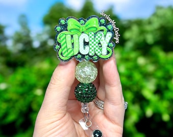 Lucky Badge Reel | Checkered Lucky Beaded Badge Reel | Shamrock Badge Reel | Work ID Holder | St Patrick’s Day Badge Reel