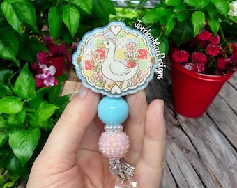 Thrifted Goose Badge Reel | Beaded Badge Reel | Nurse Glitter Id Holder | Duck Badge Reel | Vintage Goose Badge Reel