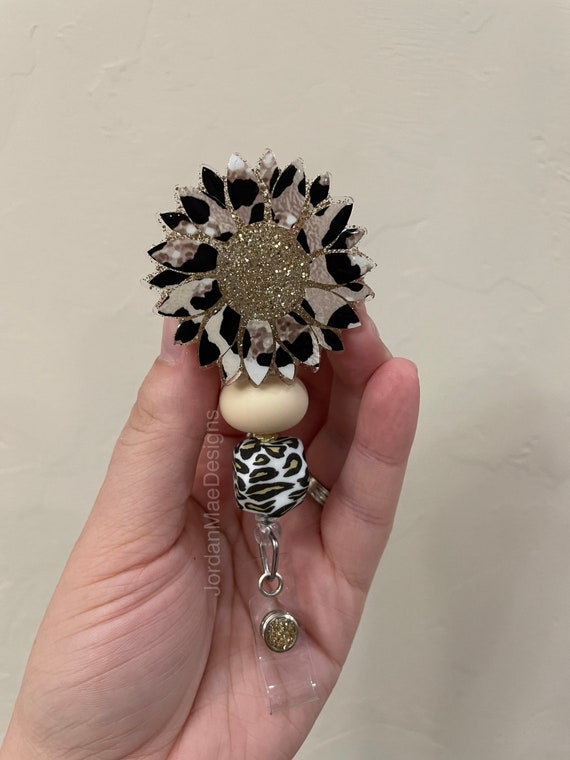 Cheetah Sunflower Badge Reel Beaded Badge Reel Nursing Badge Reel