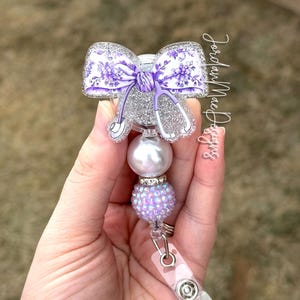 Purple Floral Stethoscope Bow Badge Reel | Coquette Bow Beaded Badge Reel | Coquette Ribbon Glitter Id Holder | Nurse Badge Reel