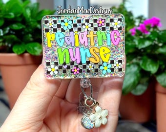 Pediatric Nurse Badge Reel | Daisy Badge Reel | Glitter Badge Reel | Nurse Badge Reel | Checkered Flower Badge | Pediatric Nurse Gift