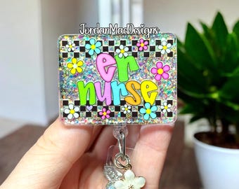 ER Nurse Badge Reel | ER Badge Reel | Daisy RN Badge Reel | Glitter Badge Reel | Nurse Badge Reel | Checkered Flower Badge