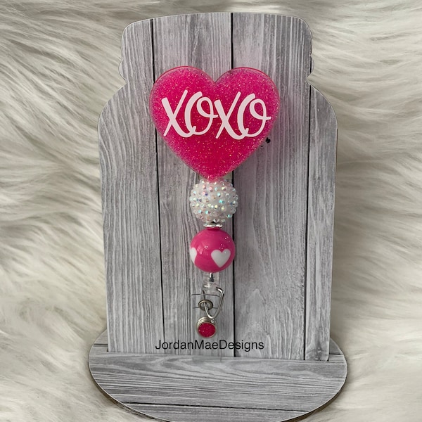 Valentine’s Day Heart Badge Reel | XOXO Badge Reel | Id Holder | Hot Pink Badge Reel | Beaded Glitter Badge Reel | Valentines Day Gift