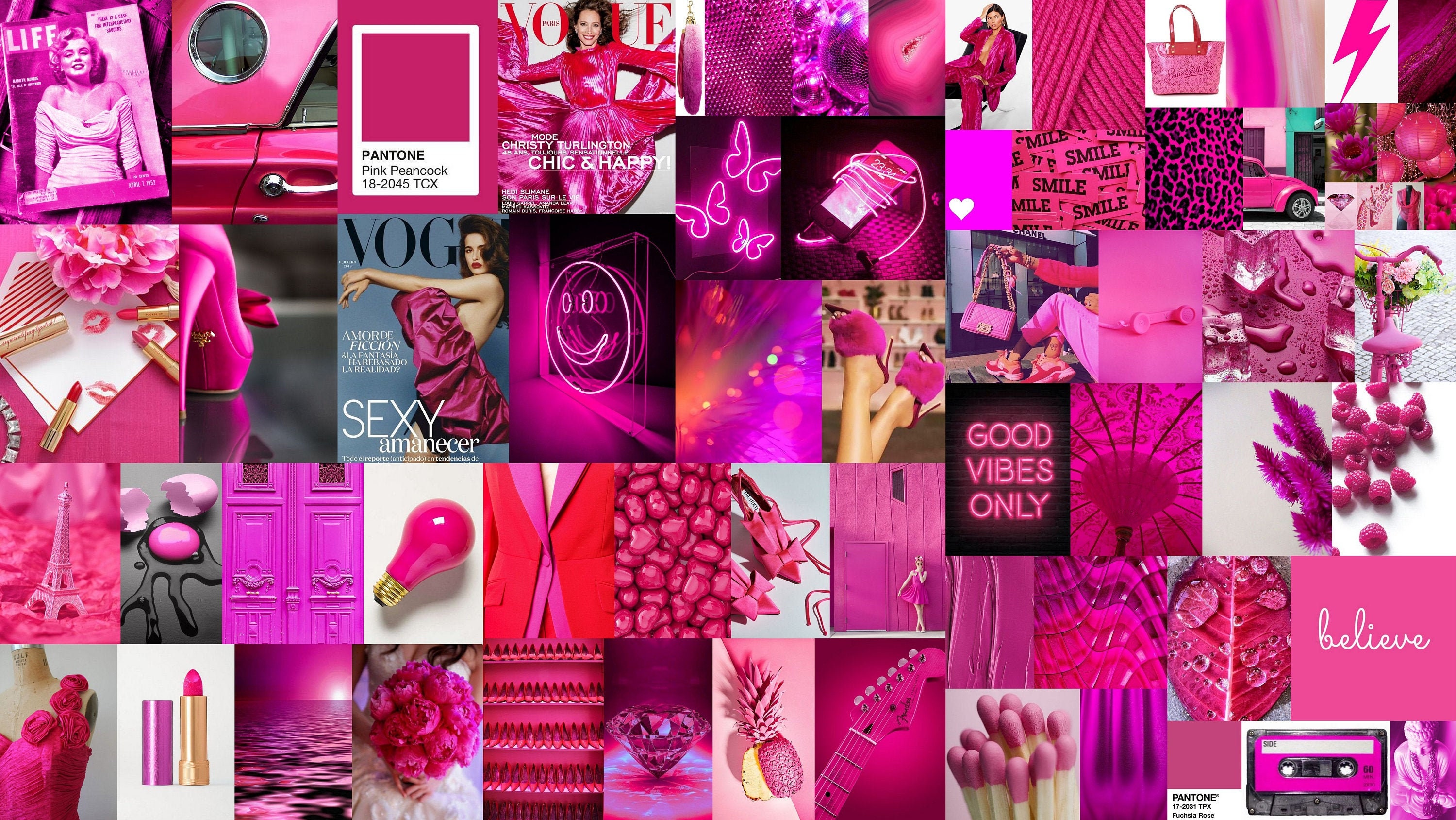 Boujee Fuchsia Pink Aesthetic Wall Collage Kit 60 Pieces rose Etsy