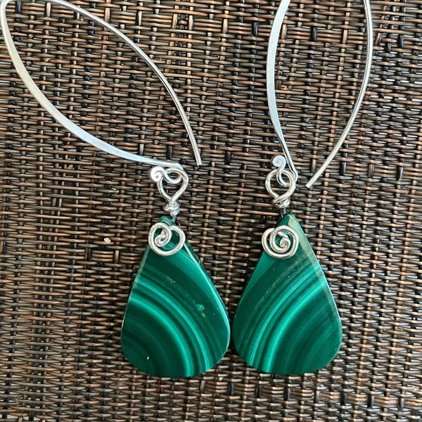 Malachite silver drop earrings - green pear-shaped drops - Bali-style earrings -May birthstone- stunning green earrings with hearts & swirls