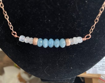 Bright blue aquamarine and rainbow moonstone rose gold bar necklace