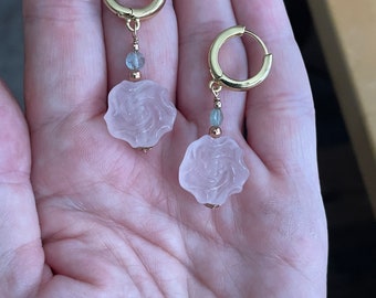 Large rose quartz carved flower earrings - quartz & aquamarine gold hoops - rose peony drops - yellow gold and pink quartz carved earrings