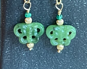 Green imperial jade butterfly earrings - jade and emerald gold earrings - green butterfly drops - yellow gold and jade carved earrings