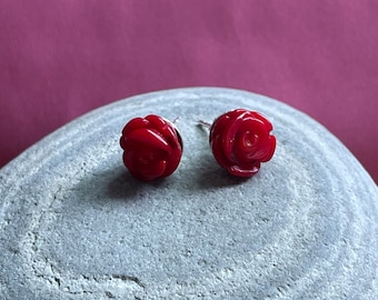 Carved red coral sterling silver studs - red coral post earrings - classic coral rose earrings - carved flower studs