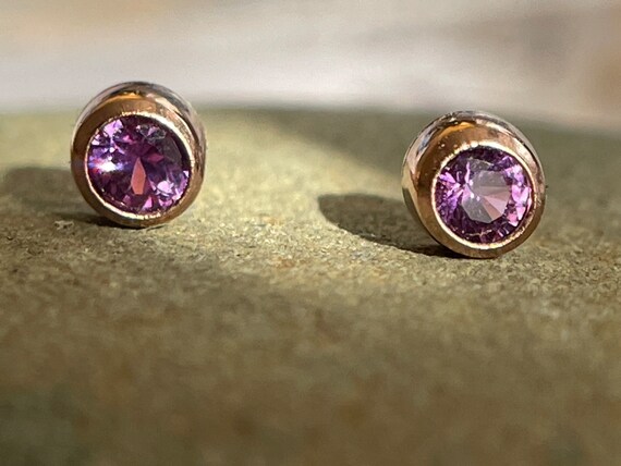 Pink purple Sapphire Yellow rose Gold Post Earrings exquisite