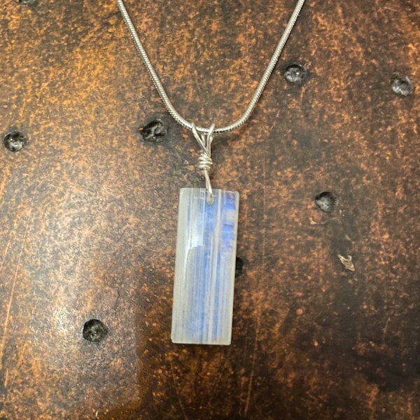 Rainbow moonstone silver necklace - purple blue flashes vertical slab  - geometric minimalist sterling silver necklace