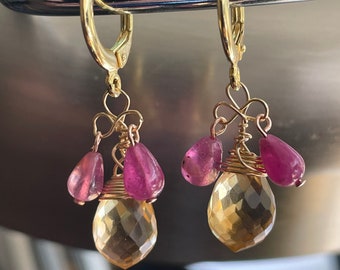 Citrine and ruby gold earrings - November July birthstones - good luck earrings - gold and pink drops - yellow and red dangles