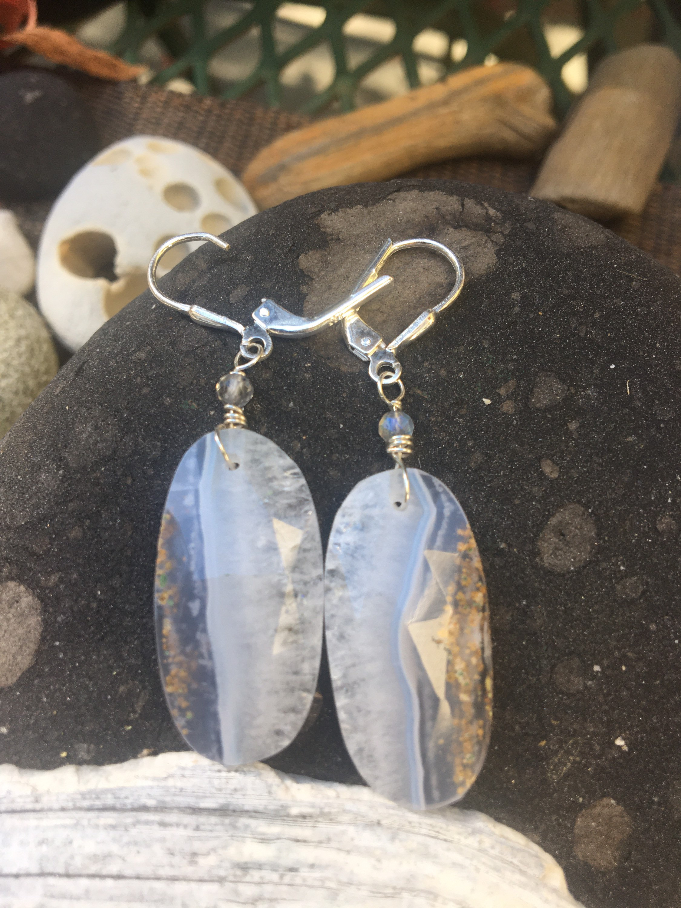 yellow light purple light blue banded gem sterling silver faceted druzy agate Blue lace agate silver drop earrings