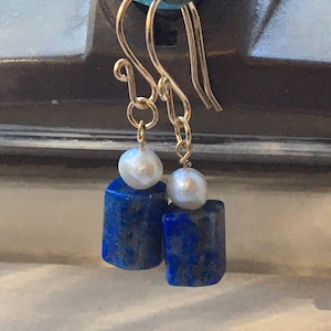 Lapis lazuli, pearls and gold OR silver earrings - blue gemstone dangles - Mother’s Day gift - June birthstone