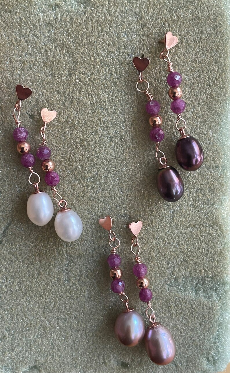 Freshwater Pearl & Ruby Rose Gold Dangle Earrings - Peacock Black Pink ...
