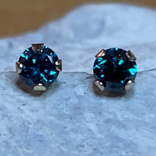 Blue diamond studs - genuine natural diamond in shops a 14k white gold setting - real blue diamond post earrings