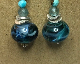 Teal green & blue sterling silver earrings - elegant silver blue lampwork drops -modern oxidized sterling clips/pierced ear dangles