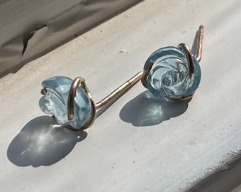 Light blue hand-carved aquamarine earrings - rose gold-filled aquamarine rose-shaped post earrings - genuine natural aquamarine rose studs