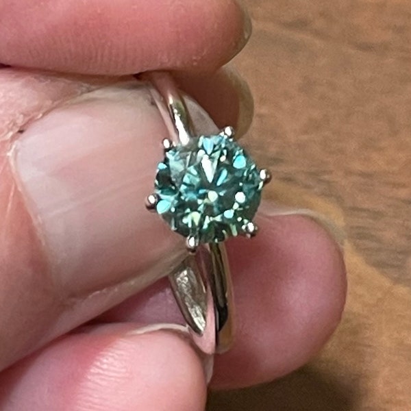 Teal blue moissanite sterling silver ring - lab-created blue diamond - blue-green gem ring - US size 6.5 adjustable - elegant round flower