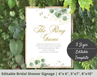 Gold Eucalyptus Editable Ring Game Signage, Printable Ring Game sign, Editable Ring Game Sign, bridal shower ring game signage, Ring Game