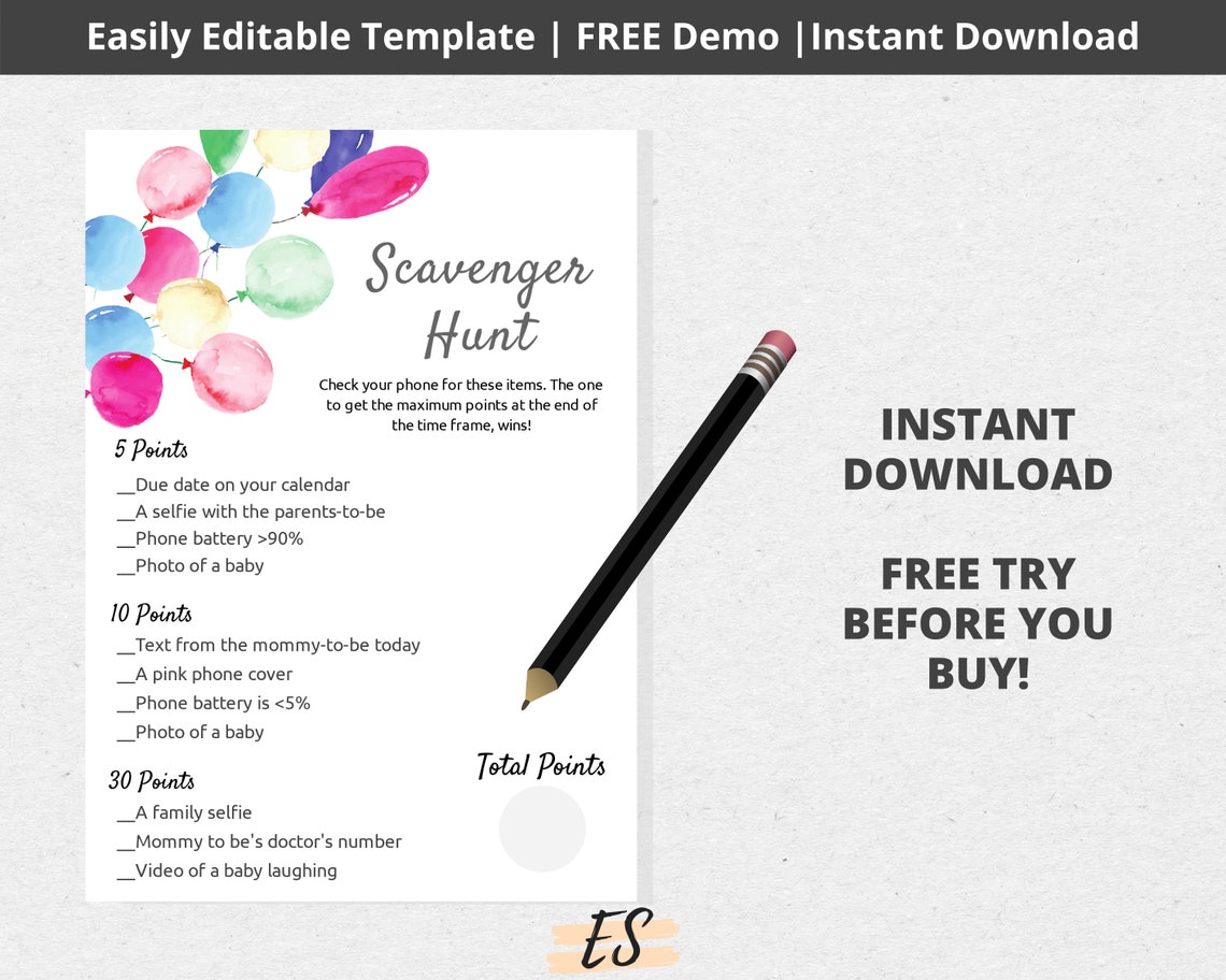 Baby Shower Game scavenger Hunt Editable Balloon Baby Shower Etsy