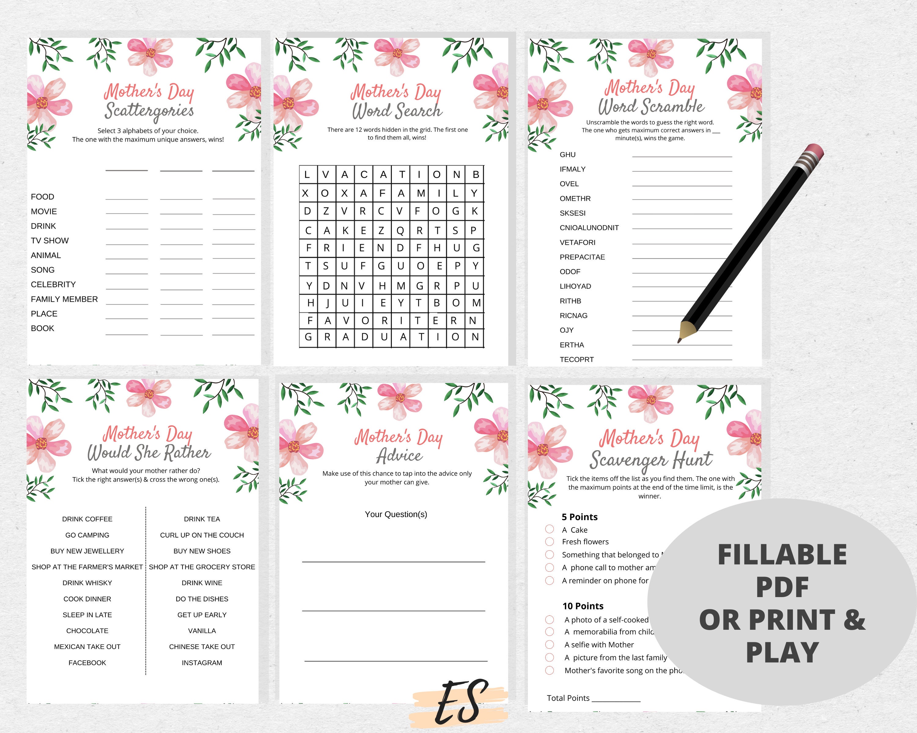 Mother s Day Party Games Bundle 7 Online Mothers Day Etsy