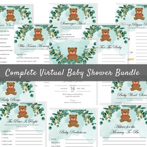 May include: A complete virtual baby shower bundle with various games and activities. The design features a watercolor background with eucalyptus and teddy bear illustrations. Includes games like "Guess Who S", "Baby Bingo", and "The Price is Right".