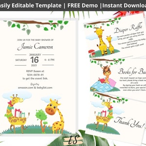Può includere: Modello di invito per baby shower con illustrazioni di giraffe. L'invito include dettagli come la data, l'ora e le informazioni RSVP. Ulteriori biglietti includono una lotteria di pannolini, libri per bambini e un messaggio di ringraziamento.