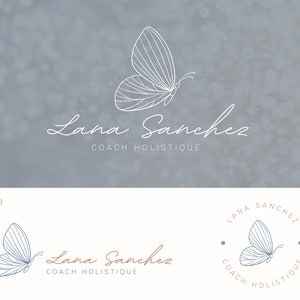 May include: Three logo designs featuring a butterfly and the text "Lana Sanchez Coach Holistique". The first logo is a white butterfly on a gray background. The second logo is a blue butterfly with the text in brown. The third logo is a blue butterfly inside a circle with the text around the outside.