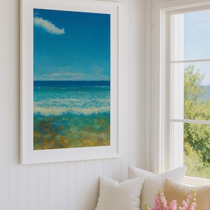 Coastal Seascape Painting: Ocean Wall Art Print in White Frame