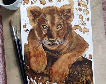 Coffee painting lion baby original