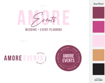 event planner business cards Amore Events | Premade Brand Pack | Branding Kit | Small Business Logo | Pink Logo | Branding Package | Wedding + Event Planning Logo
