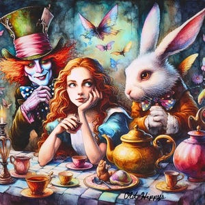 May include: A colorful illustration featuring a person with long red hair sitting at a table with a white rabbit and a character in a tall green hat. The scene includes a gold teapot, several small teacups, and butterflies. The text Old Hippys is visible.