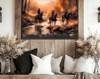 Cowboys Crossing A Stream Wood Framed Canvas Wrap