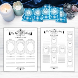 Notas y hojas de trabajo para la lectura del tarot, plantillas editables y hojas de trabajo para descargar digitalmente en color o en blanco y negro, tirada de 3 cartas, versiones de cruz celta