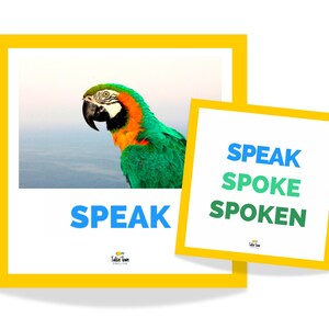 Puede incluir: Dos carteles educativos con marco amarillo. Uno presenta un loro colorido y la palabra "SPEAK" en azul. El otro cartel muestra las palabras "SPEAK", "SPOKE" y "SPOKEN" en azul y verde. Los carteles son para el aprendizaje del ingl&eacute;s.