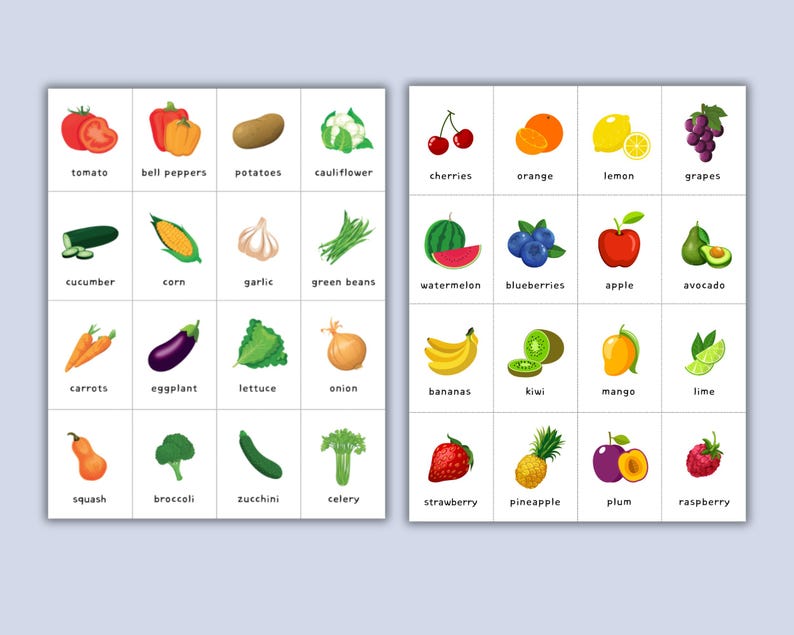 Tarjetas de vocabulario de frutas y verduras: 32 tarjetas imprimibles ...
