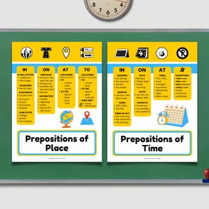 May include: A yellow and blue poster with the title "Prepositions of Place" and "Prepositions of Time". The poster lists prepositions of place and time with examples of each.