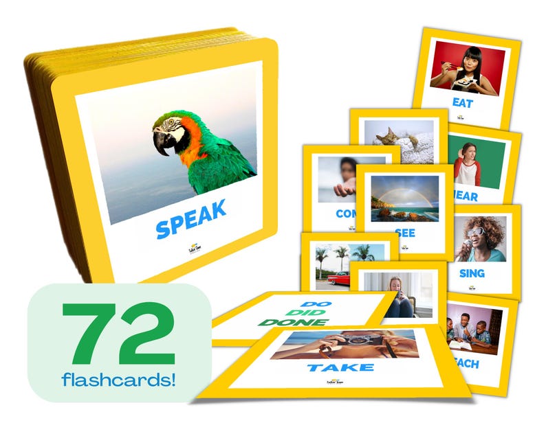 Puede incluir: Un conjunto de 72 tarjetas did&aacute;cticas con bordes amarillos con im&aacute;genes y palabras. Una tarjeta muestra un loro con la palabra "SPEAK". Otras tarjetas ilustran acciones como "EAT", "SEE" y "TAKE". El texto "72 flashcards!" tambi&eacute;n est&aacute; presente.